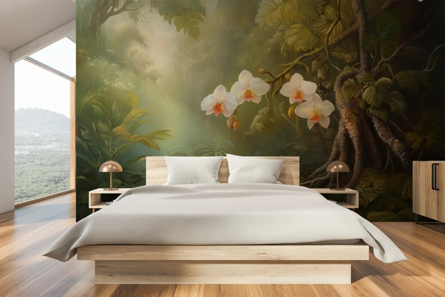 Wzór fototapety ORCHID TWILIGHT - tapeta z magicznym ogrodem orchidei w tropikalnej mgle pokazanej w aranżacji sypialni.