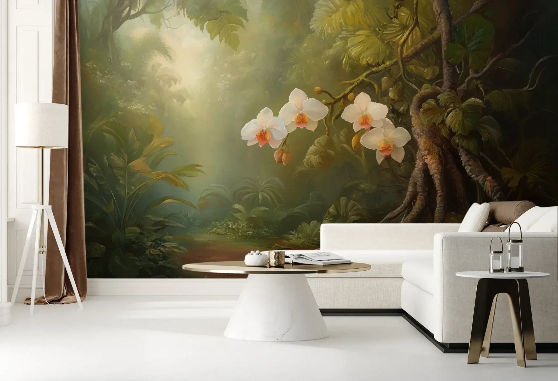 Wzór fototapety ORCHID TWILIGHT - tapeta z magicznym ogrodem orchidei w tropikalnej mgle pokazanej w aranżacji salonu.