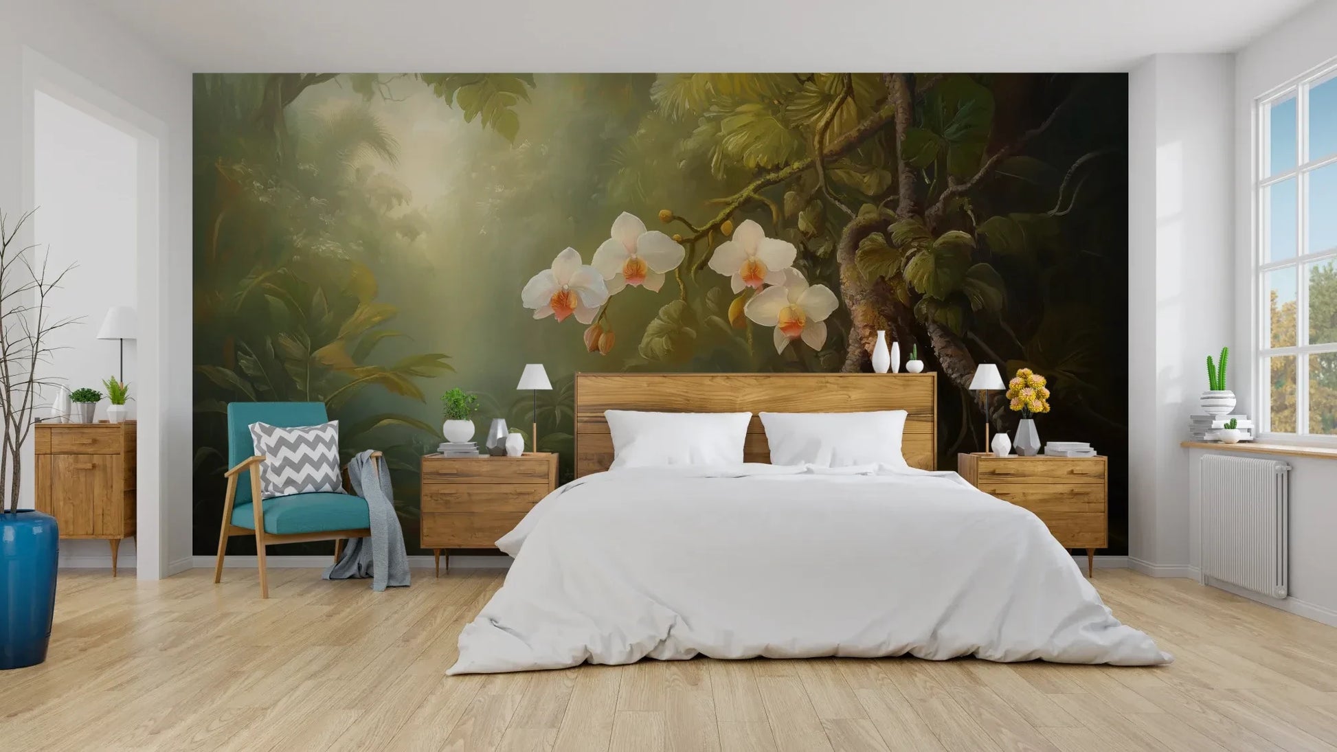 Wzór fototapety ORCHID TWILIGHT - tapeta z magicznym ogrodem orchidei w tropikalnej mgle pokazanej w aranżacji sypialni.