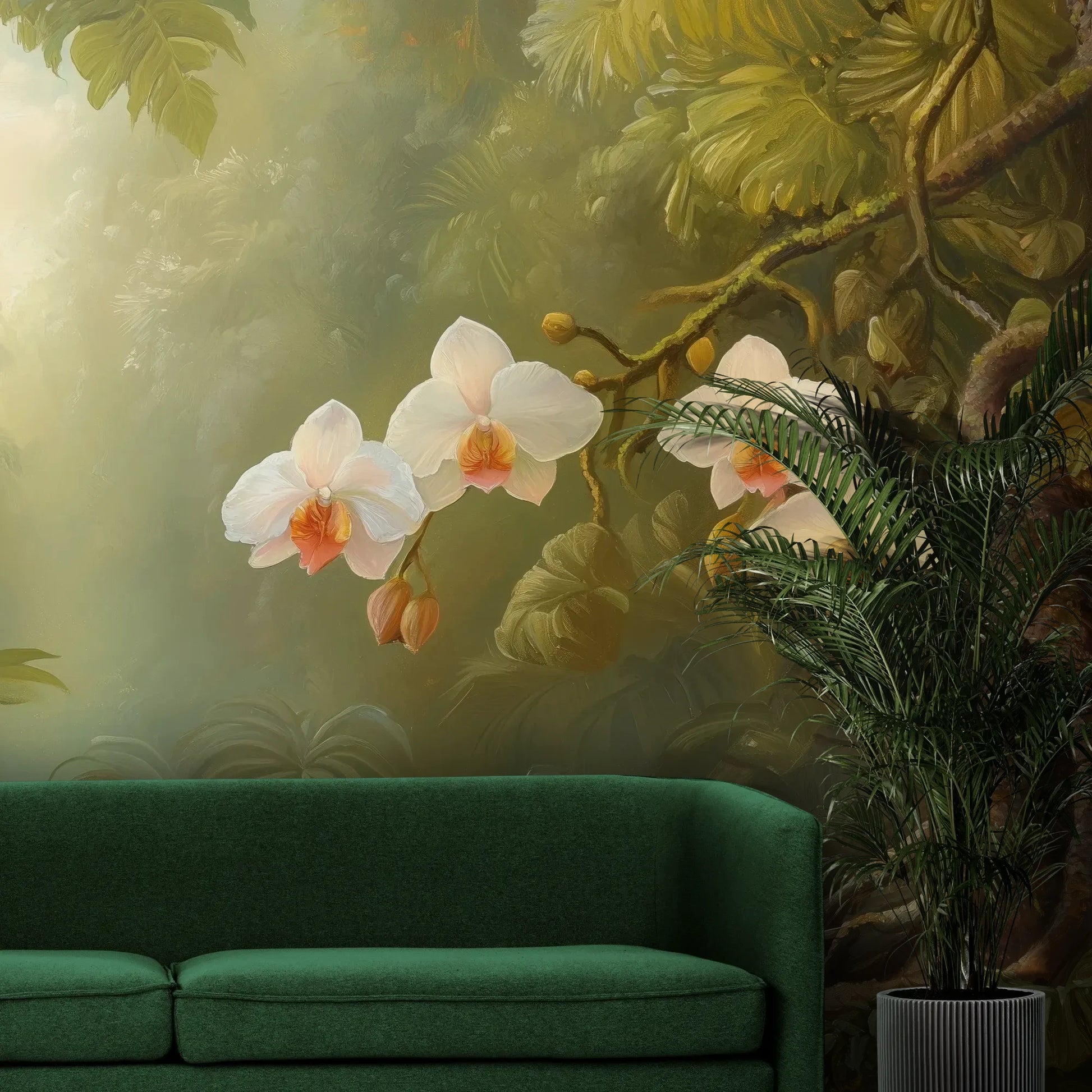 Fototapeta ORCHID TWILIGHT - tapeta z magicznym ogrodem orchidei w tropikalnej mgle pokazana w aranżacji wnętrza z akcentem na ścianie.