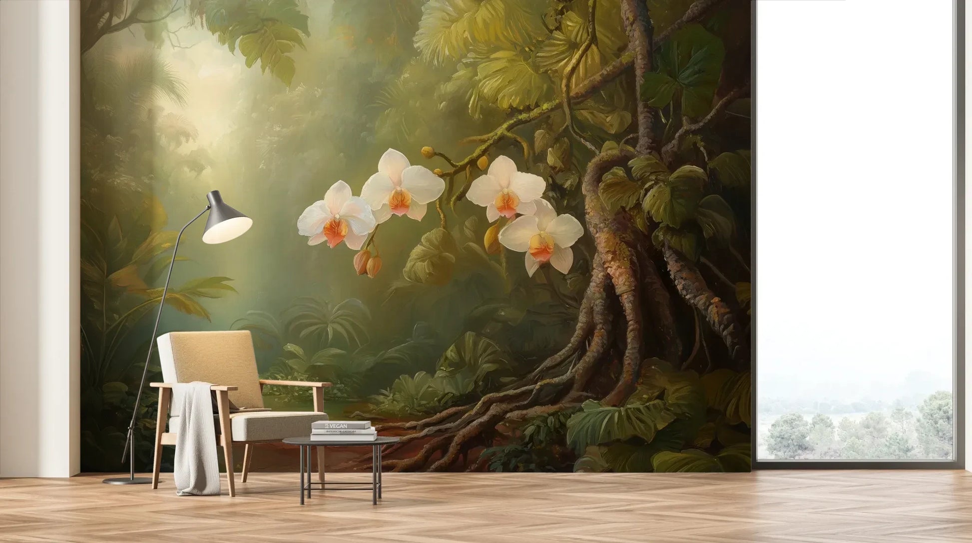 Wzór fototapety ORCHID TWILIGHT - tapeta z magicznym ogrodem orchidei w tropikalnej mgle pokazanej w aranżacji salonu.