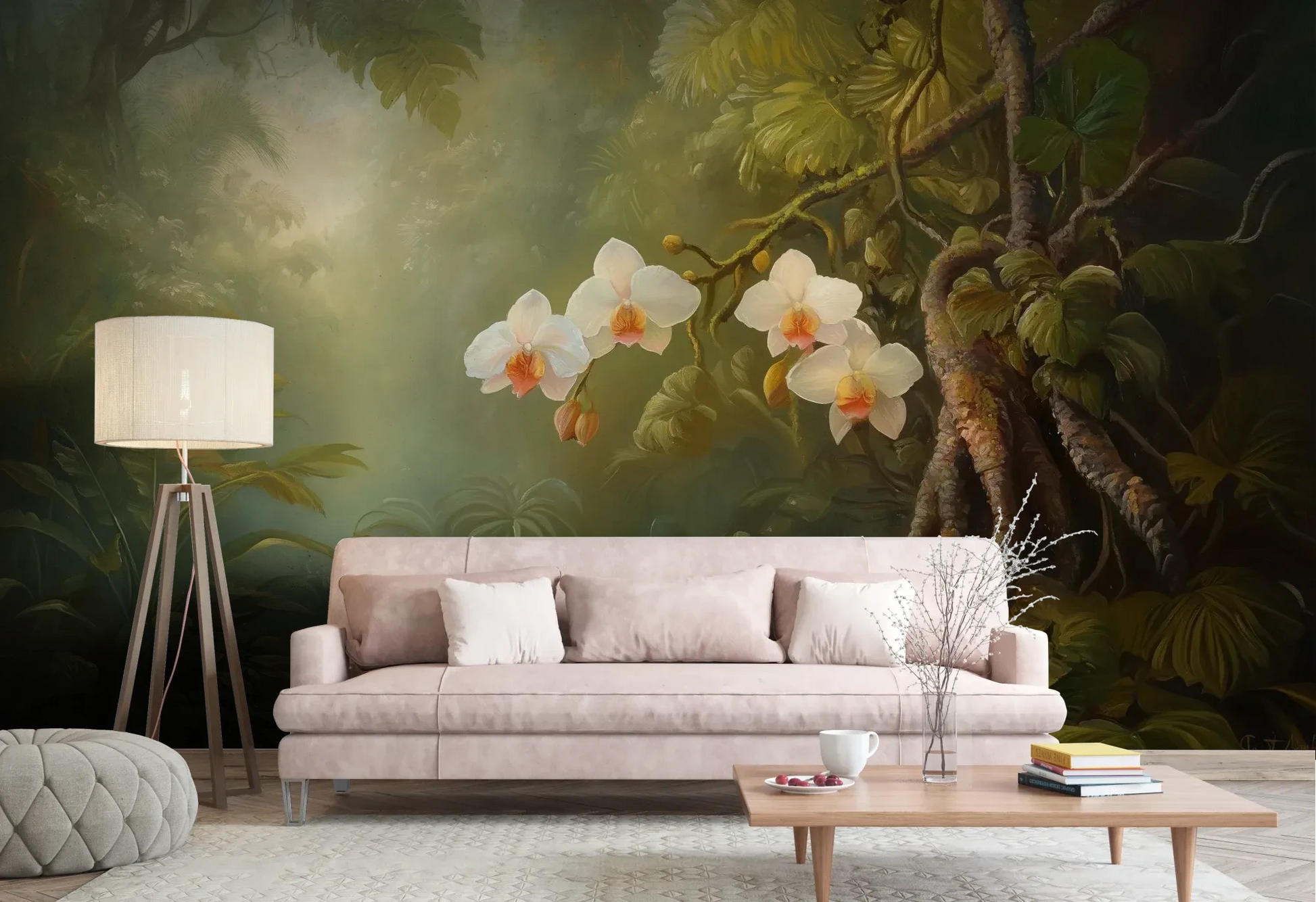 Wzór fototapety ORCHID TWILIGHT - tapeta z magicznym ogrodem orchidei w tropikalnej mgle pokazanej w aranżacji salonu.