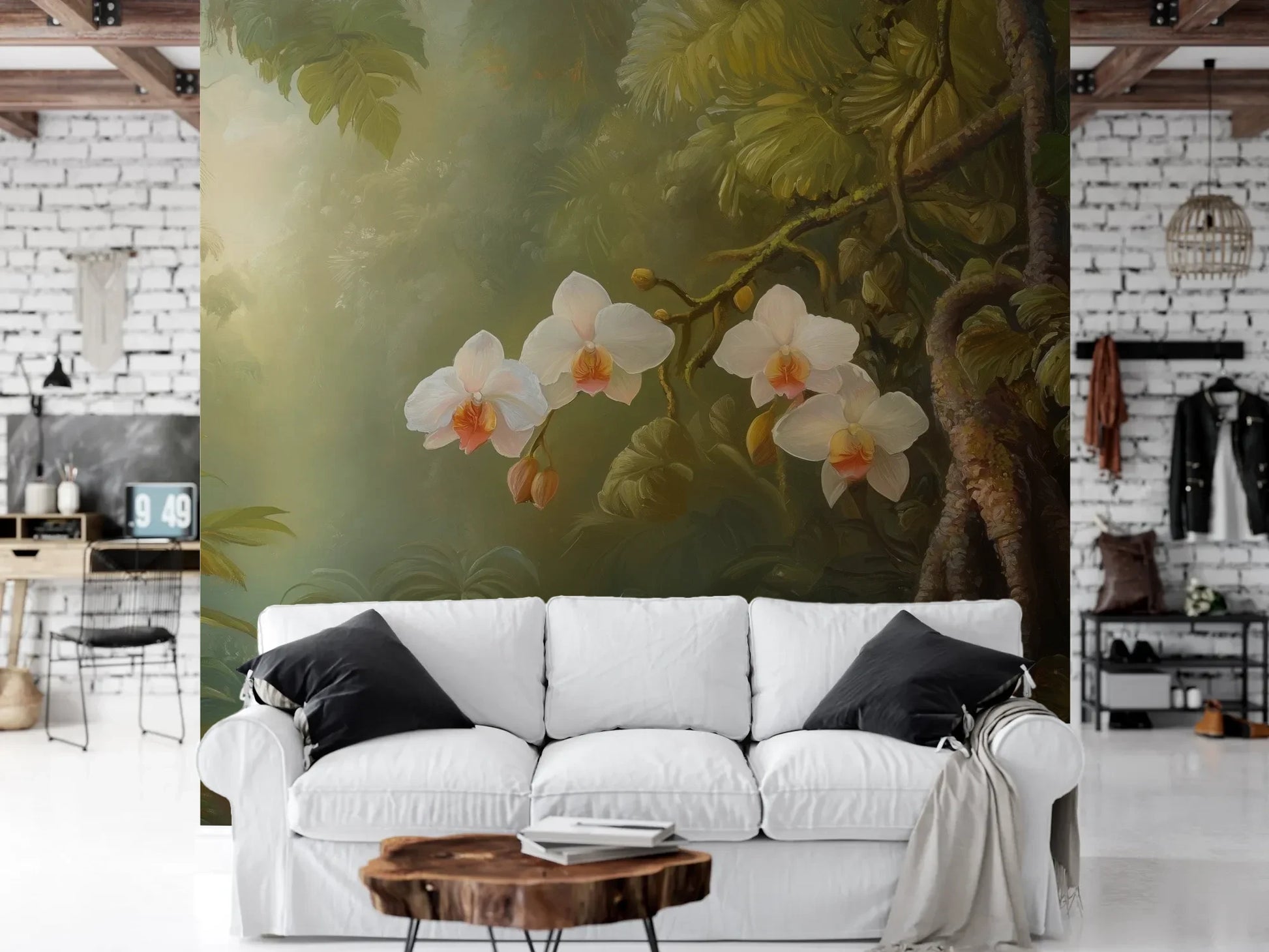 Wzór fototapety ORCHID TWILIGHT - tapeta z magicznym ogrodem orchidei w tropikalnej mgle pokazanej w aranżacji salonu.