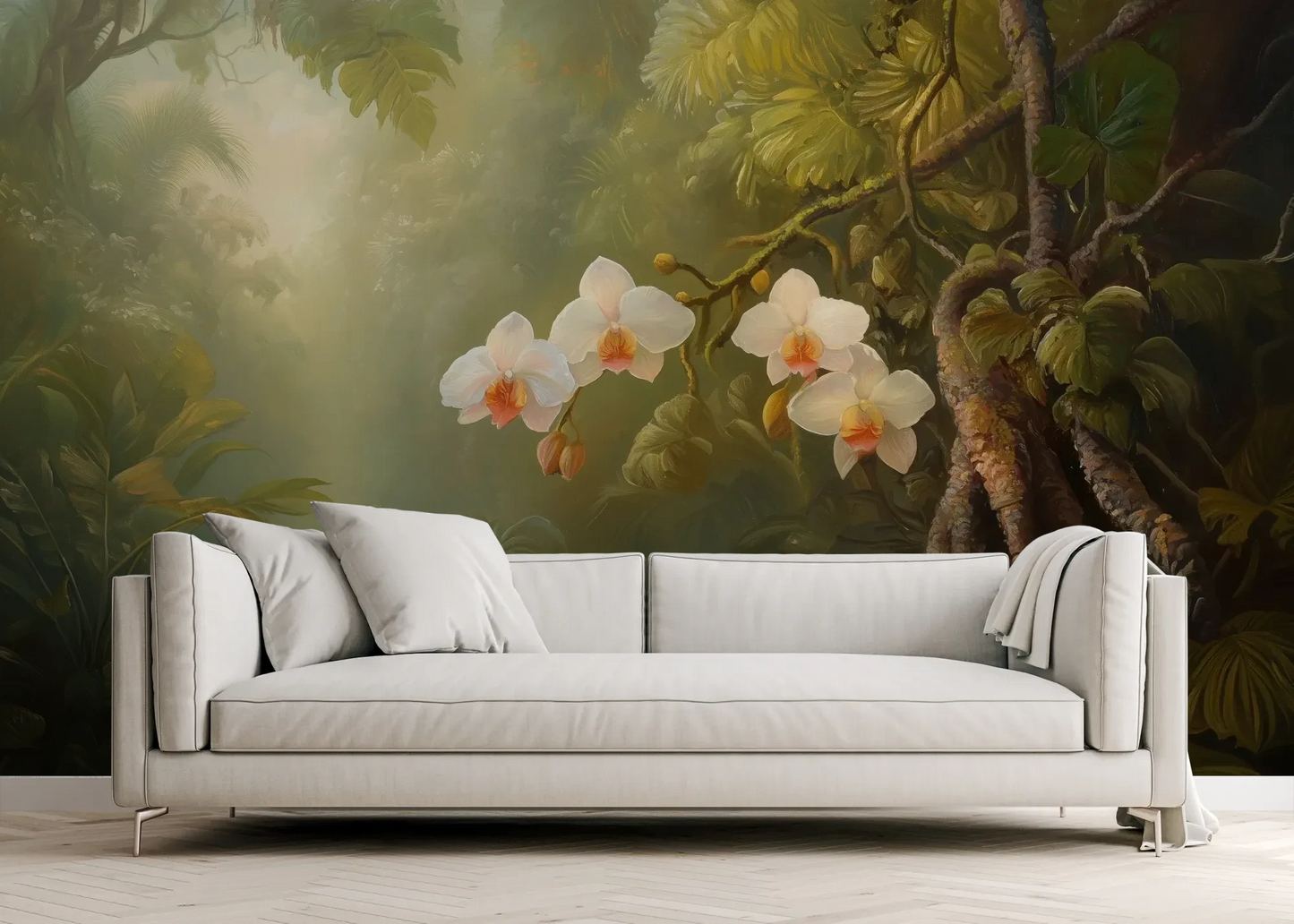 Wzór fototapety ORCHID TWILIGHT - tapeta z magicznym ogrodem orchidei w tropikalnej mgle pokazanej w aranżacji salonu.