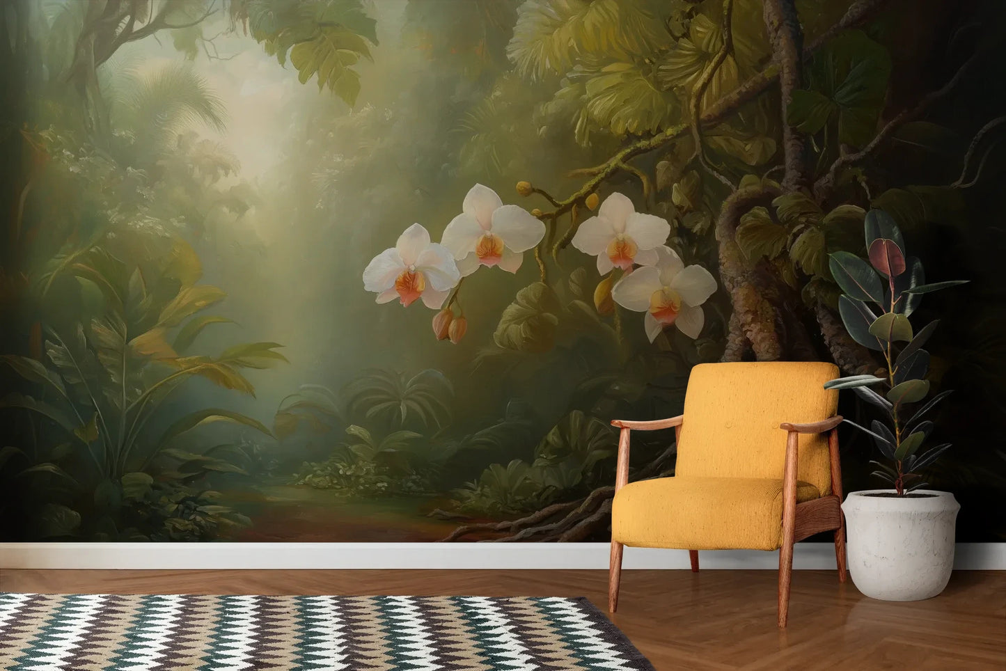 Wzór fototapety ORCHID TWILIGHT - tapeta z magicznym ogrodem orchidei w tropikalnej mgle pokazanej w aranżacji salonu.