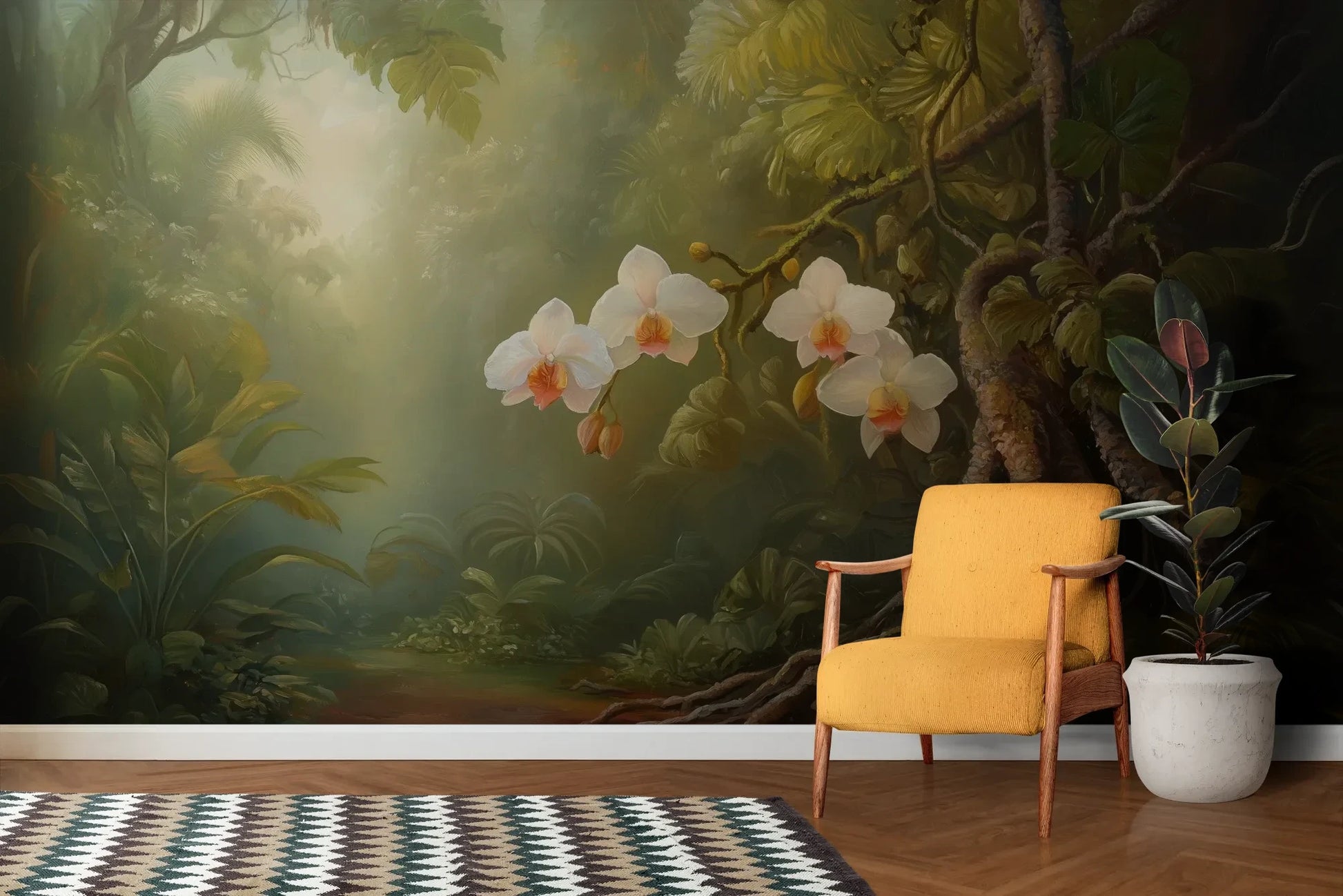 Wzór fototapety ORCHID TWILIGHT - tapeta z magicznym ogrodem orchidei w tropikalnej mgle pokazanej w aranżacji salonu.