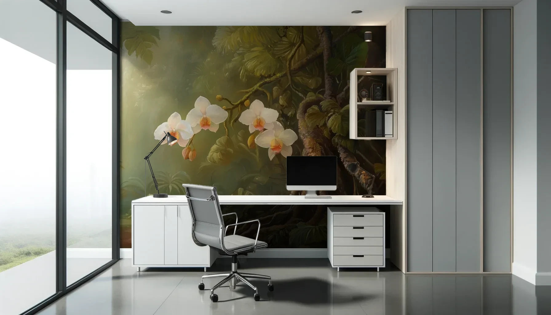 Fototapeta ORCHID TWILIGHT - tapeta z magicznym ogrodem orchidei w tropikalnej mgle pokazana w aranżacji biura.