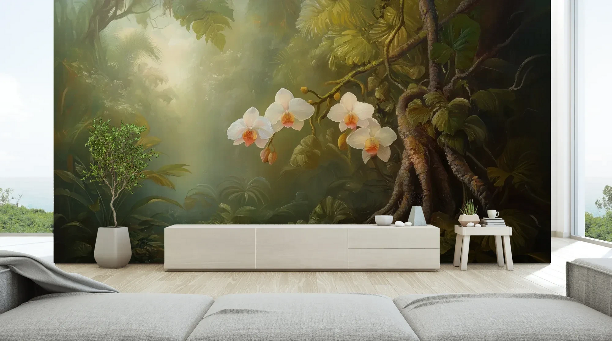 Wzór fototapety ORCHID TWILIGHT - tapeta z magicznym ogrodem orchidei w tropikalnej mgle pokazanej w aranżacji salonu.