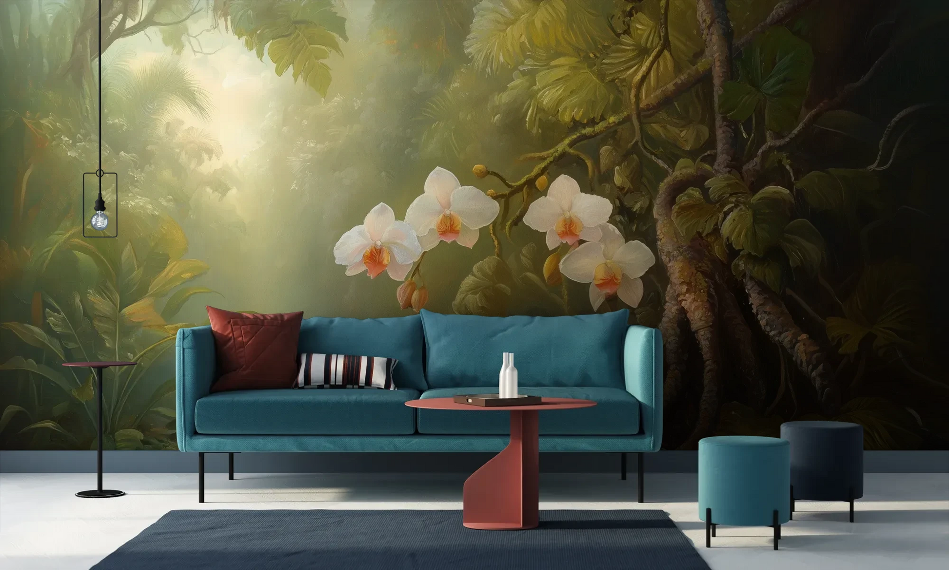 Wzór fototapety ORCHID TWILIGHT - tapeta z magicznym ogrodem orchidei w tropikalnej mgle pokazanej w aranżacji salonu.