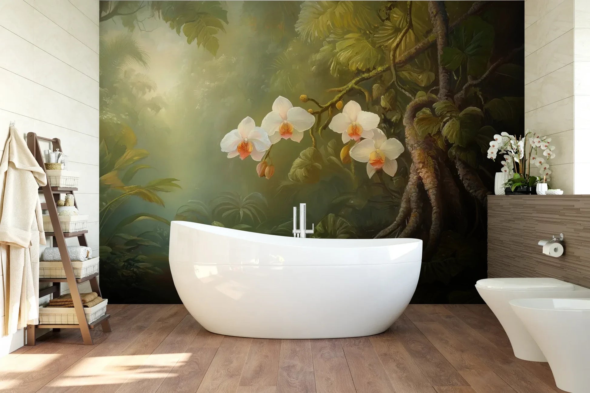 Wzór fototapety ORCHID TWILIGHT - tapeta z magicznym ogrodem orchidei w tropikalnej mgle pokazanej w aranżacji łazienki.