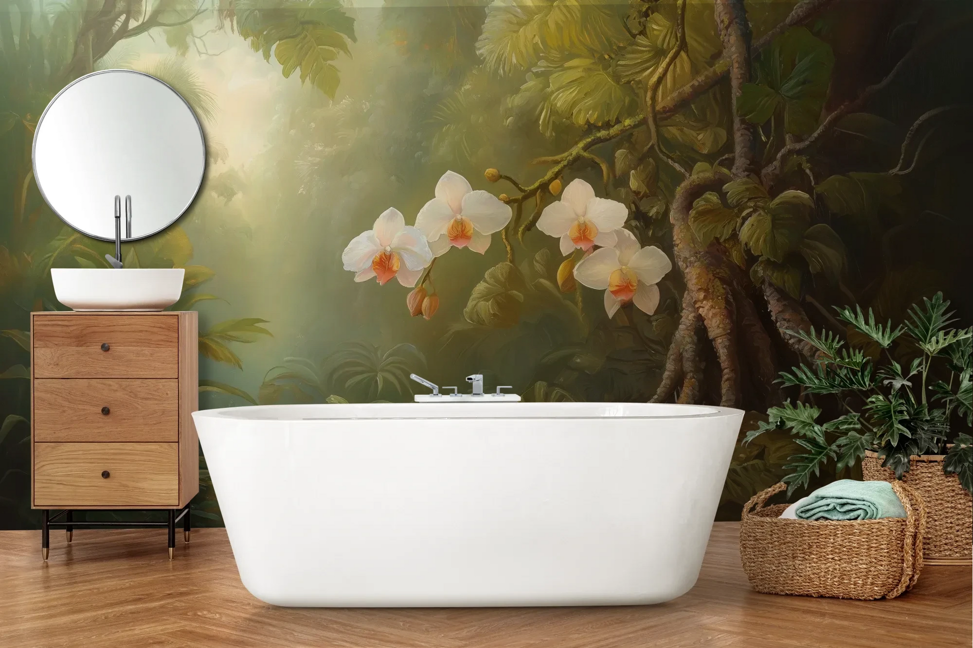 Wzór fototapety ORCHID TWILIGHT - tapeta z magicznym ogrodem orchidei w tropikalnej mgle pokazanej w aranżacji łazienki.