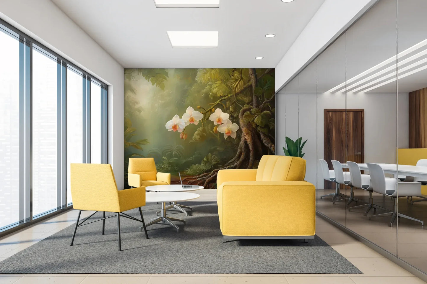 Fototapeta ORCHID TWILIGHT - tapeta z magicznym ogrodem orchidei w tropikalnej mgle w aranżacji wnętrza.