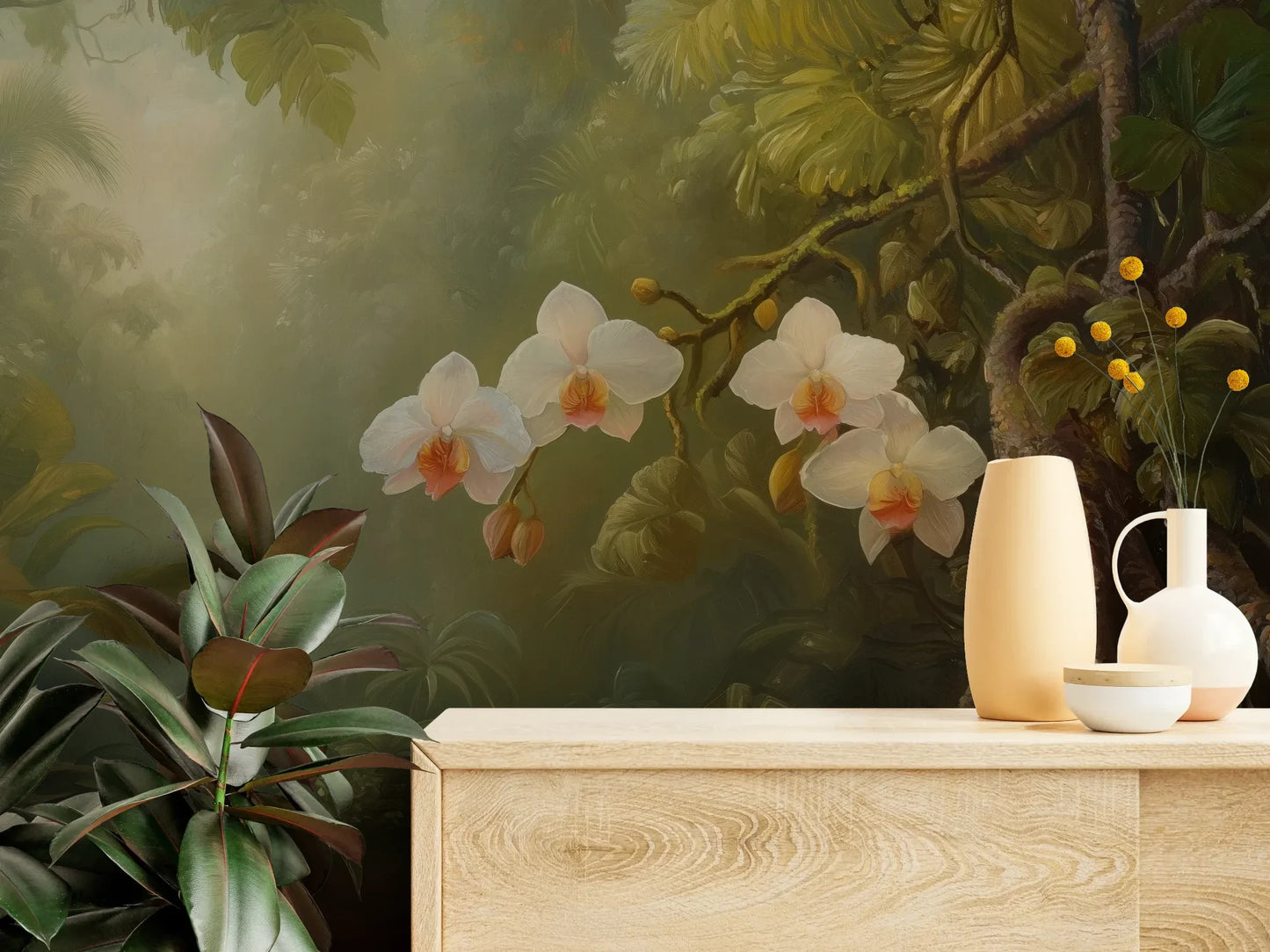 Fototapeta ORCHID TWILIGHT - tapeta z magicznym ogrodem orchidei w tropikalnej mgle pokazana w aranżacji wnętrza z akcentem na ścianie.
