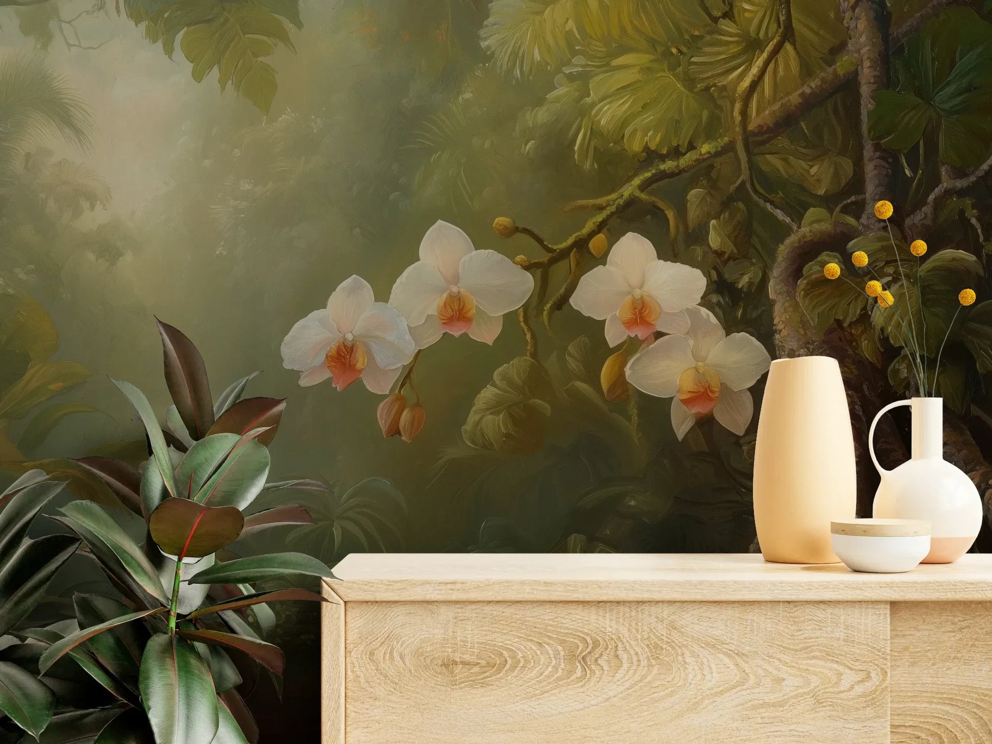 Fototapeta ORCHID TWILIGHT - tapeta z magicznym ogrodem orchidei w tropikalnej mgle pokazana w aranżacji wnętrza z akcentem na ścianie.