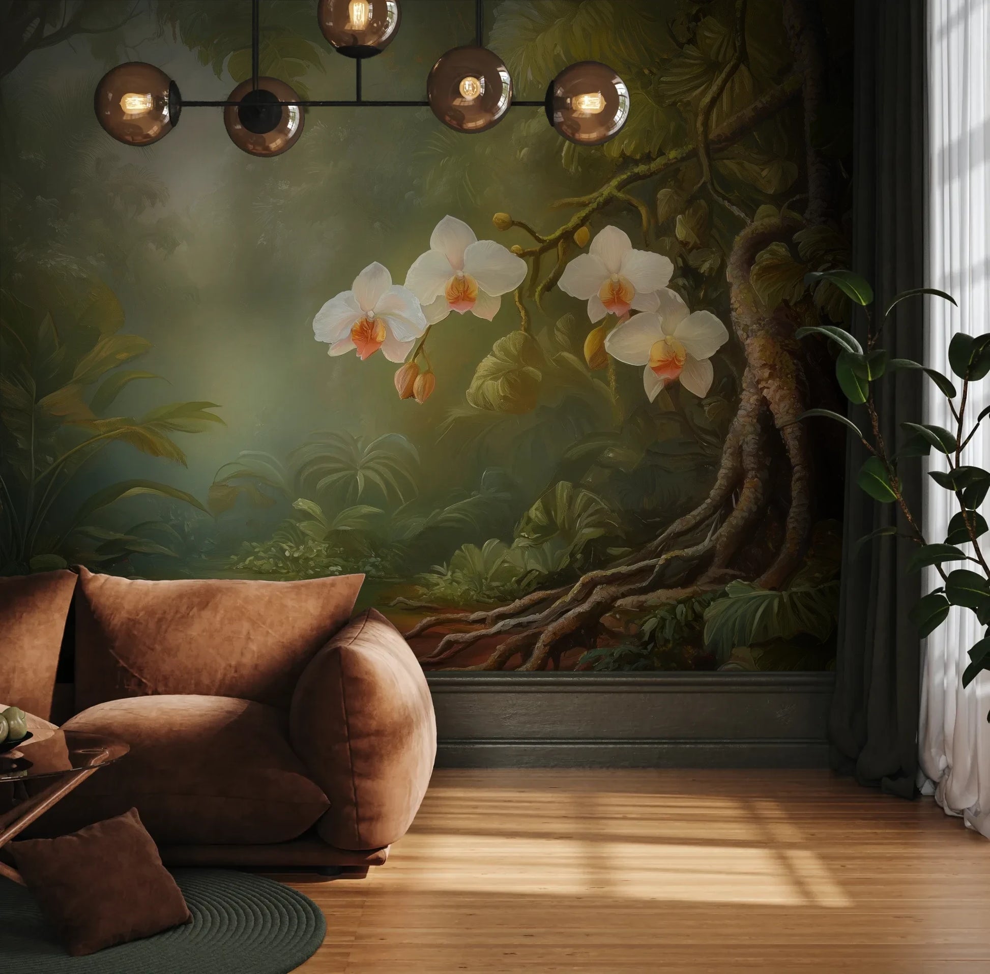 Fototapeta ORCHID TWILIGHT - tapeta z magicznym ogrodem orchidei w tropikalnej mgle pokazana w aranżacji wnętrza z akcentem na ścianie.