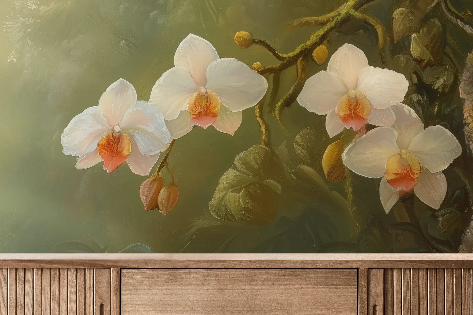 Fototapeta ORCHID TWILIGHT - tapeta z magicznym ogrodem orchidei w tropikalnej mgle pokazana w aranżacji wnętrza z akcentem na ścianie.