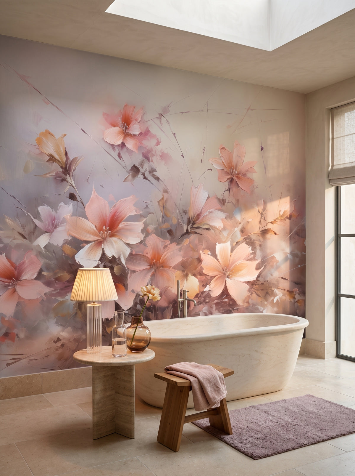 Fototapeta artystyczna o nazwie Blossom Haze w aranżacji wnętrza: łazienka spa w luksusowej rezydencji.