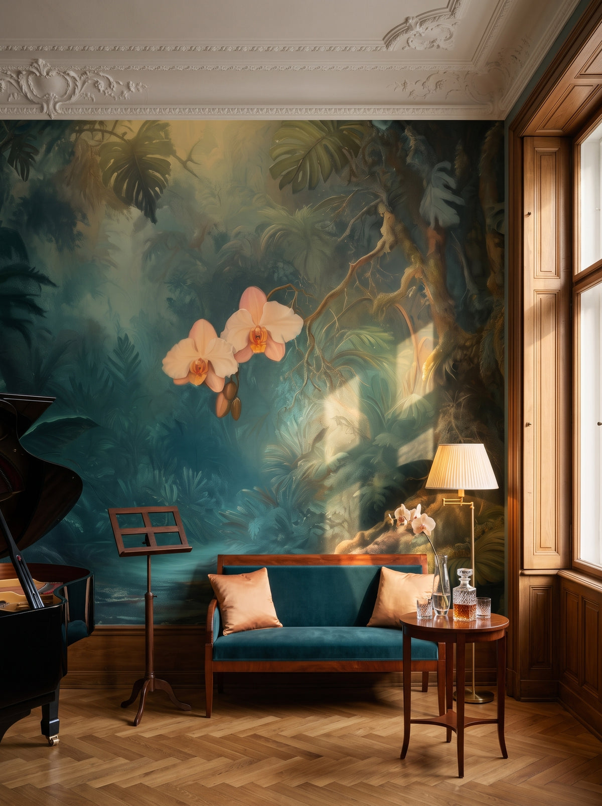 Fototapeta artystyczna o nazwie ORCHID LUMINESCENCE w aranżacji wnętrza: pokój muzyczny w wiedeńskiej kamienicy.