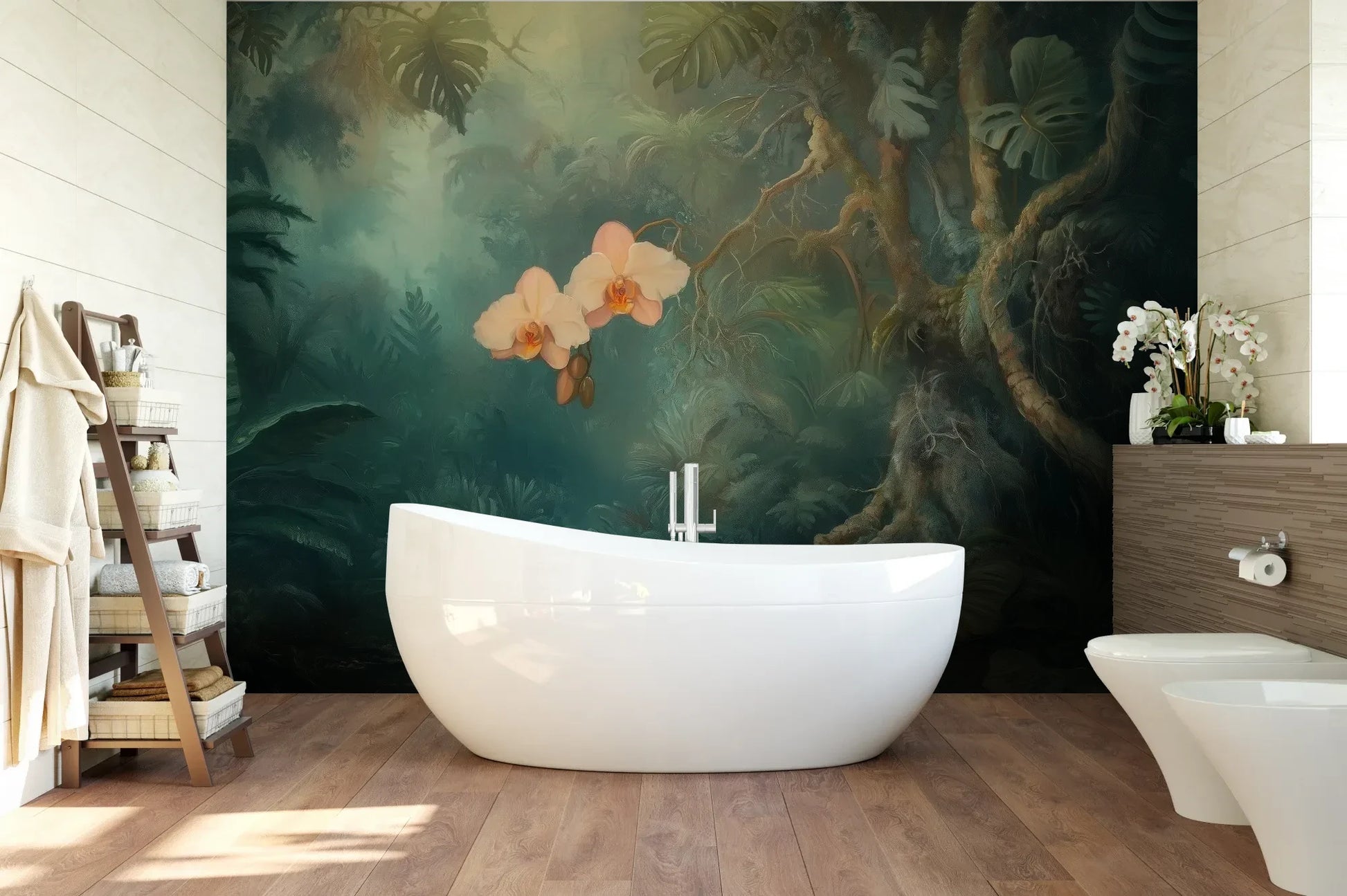 Wzór fototapety ORCHID LUMINESCENCE - tapeta z mistyczną dżunglą i delikatnymi kwiatami pokazanej w aranżacji łazienki.
