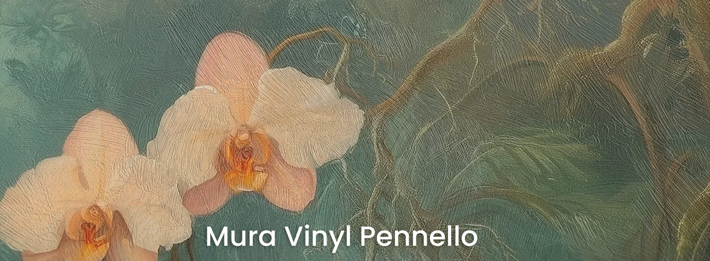 Zbliżenie na fototapetę ORCHID LUMINESCENCE - tapeta z mistyczną dżunglą i delikatnymi kwiatami na podłożu o fakturze pociągnięć pędzla.