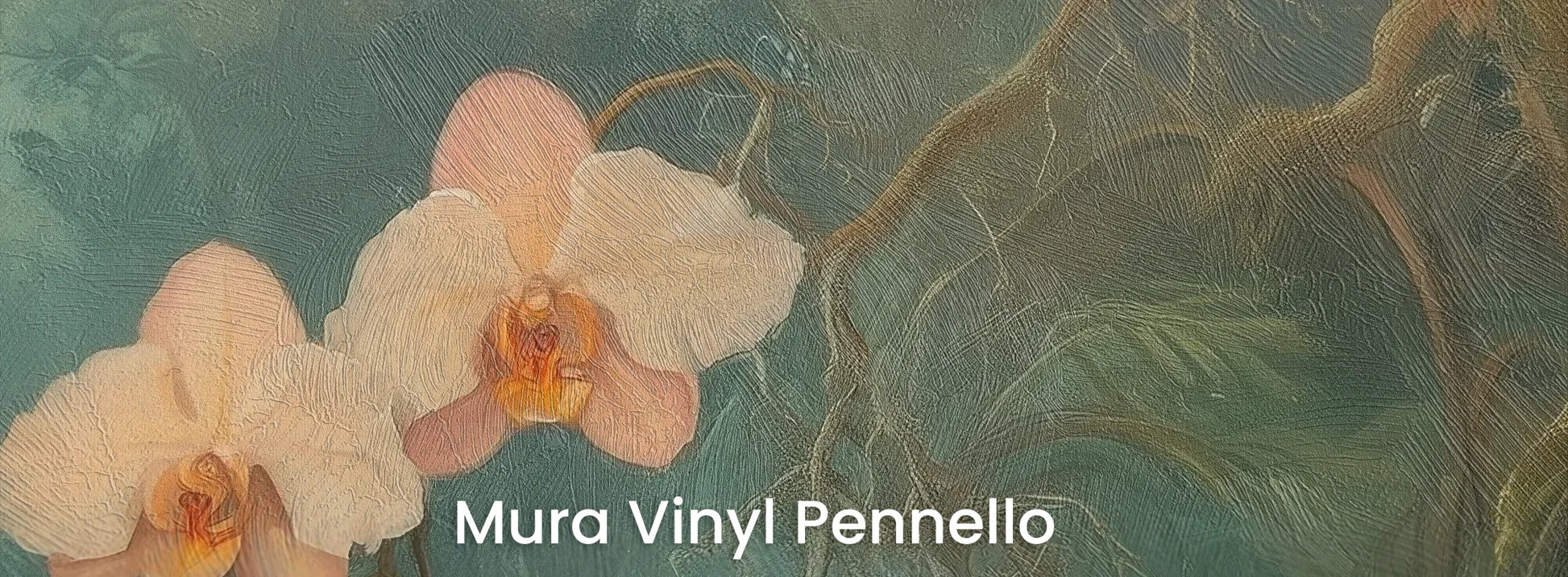 Zbliżenie na fototapetę ORCHID LUMINESCENCE - tapeta z mistyczną dżunglą i delikatnymi kwiatami na podłożu o fakturze pociągnięć pędzla.