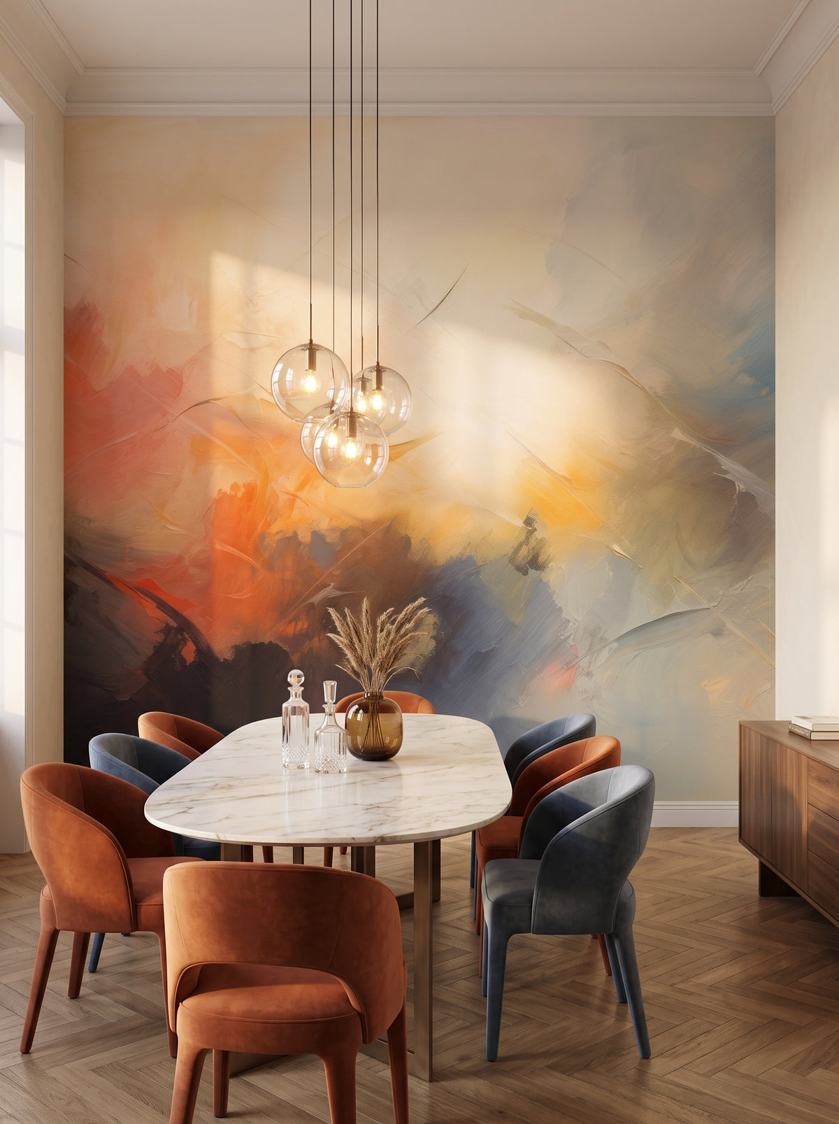 Artistic wall mural “Abstract Horizons #2” in an interior: formal dining room in modern classic style.