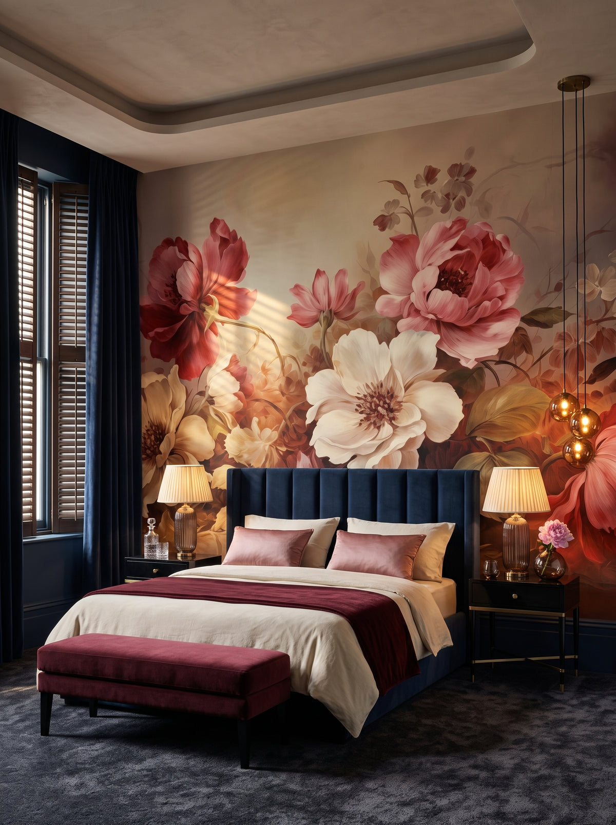 Fototapeta artystyczna o nazwie Velvet Bloom w aranżacji wnętrza: sypialnia w butikowym hotelu designerskim.