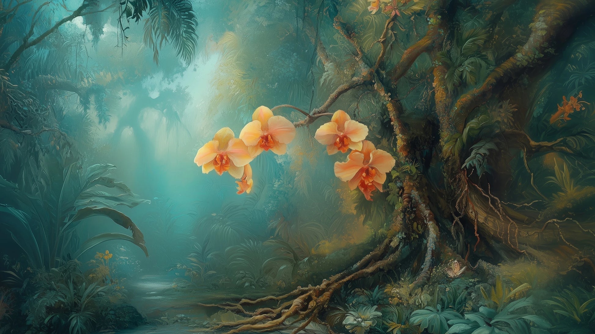 Prezentacja całego wzoru fototapety o nazwie MYSTICAL ORCHIDS - tapeta z tropikalnymi kwiatami w turkusowej mgle