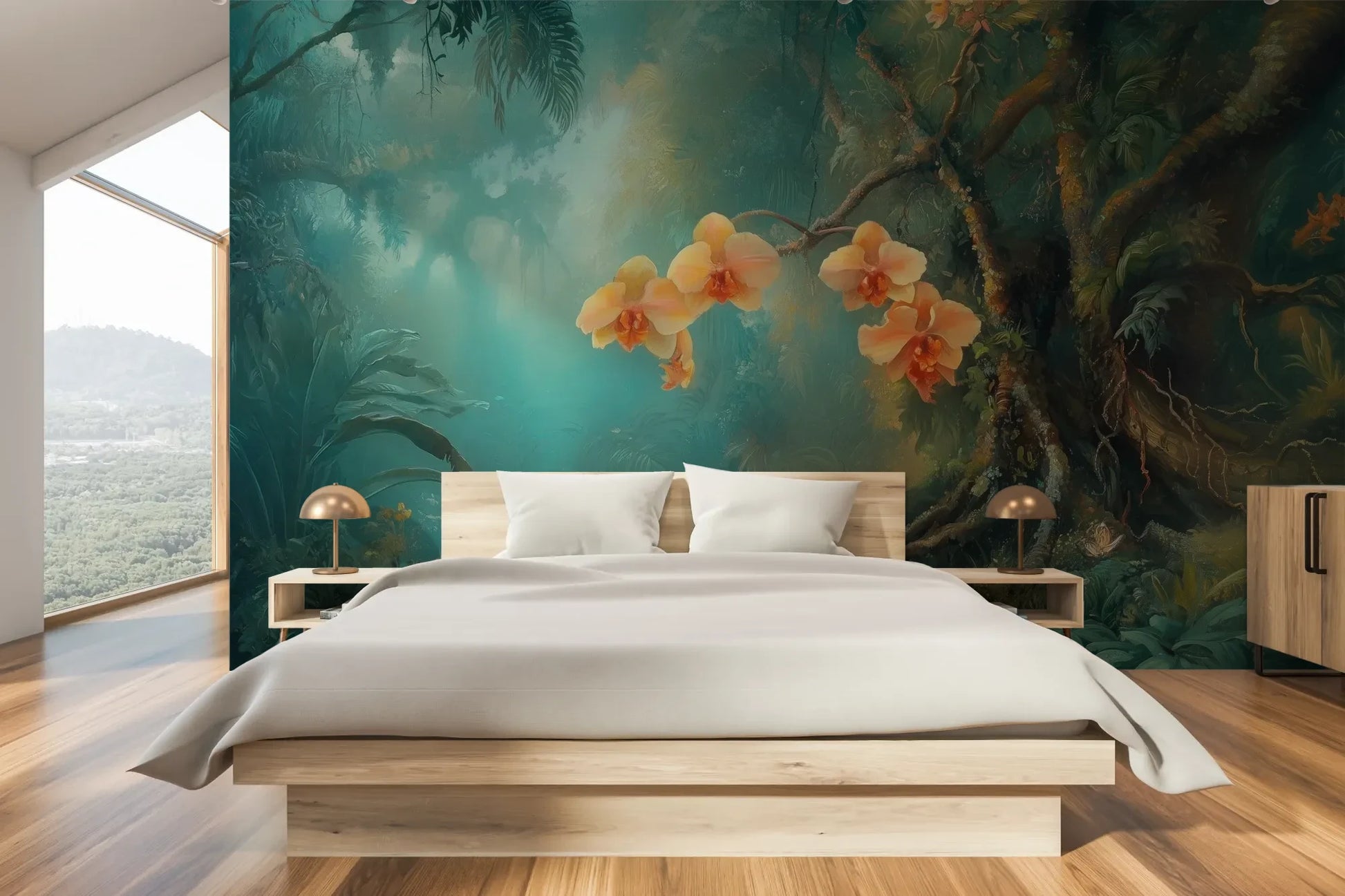 Wzór fototapety MYSTICAL ORCHIDS - tapeta z tropikalnymi kwiatami w turkusowej mgle pokazanej w aranżacji sypialni.