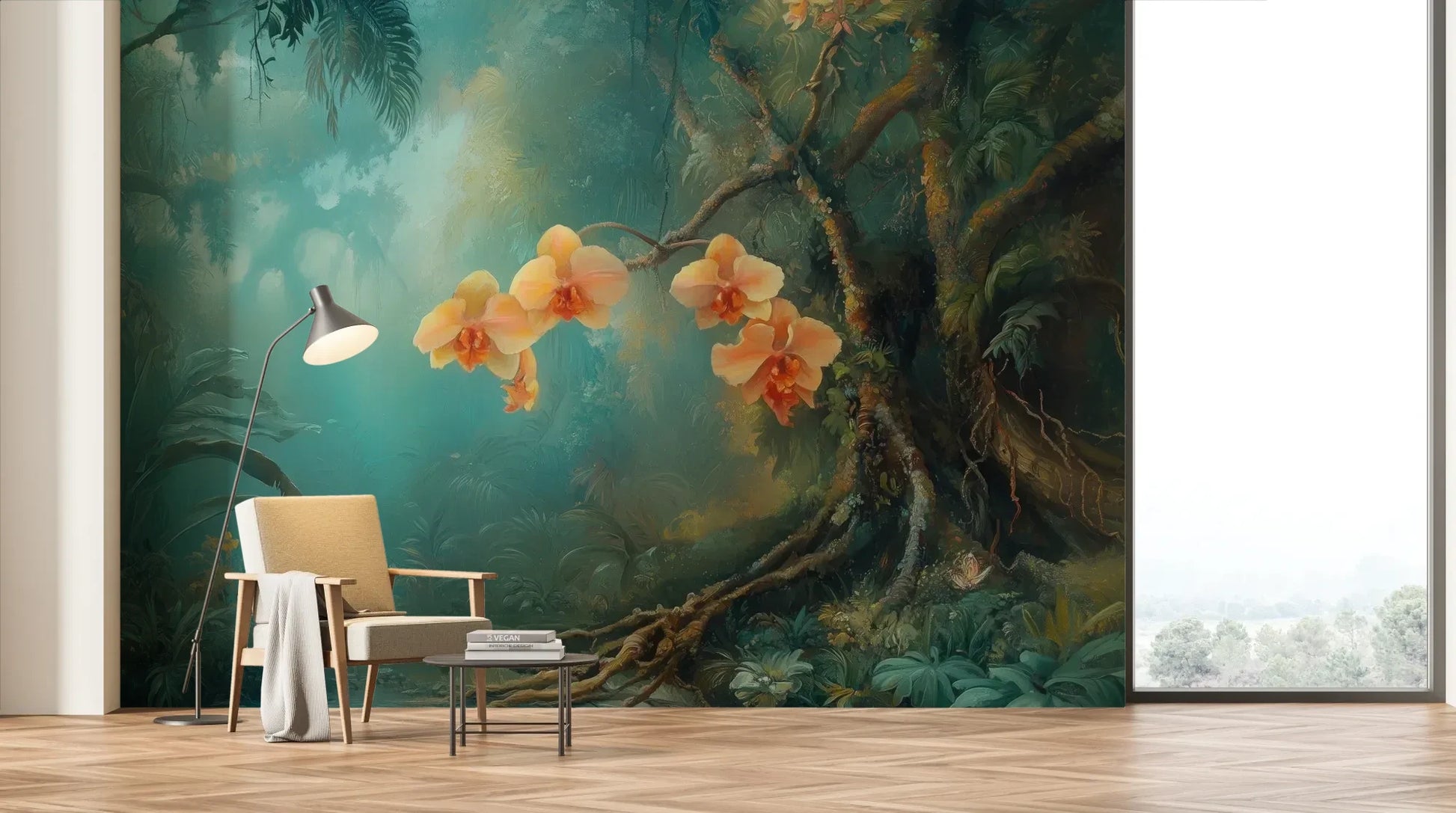 Wzór fototapety MYSTICAL ORCHIDS - tapeta z tropikalnymi kwiatami w turkusowej mgle pokazanej w aranżacji salonu.