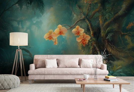 Wzór fototapety MYSTICAL ORCHIDS - tapeta z tropikalnymi kwiatami w turkusowej mgle pokazanej w aranżacji salonu.