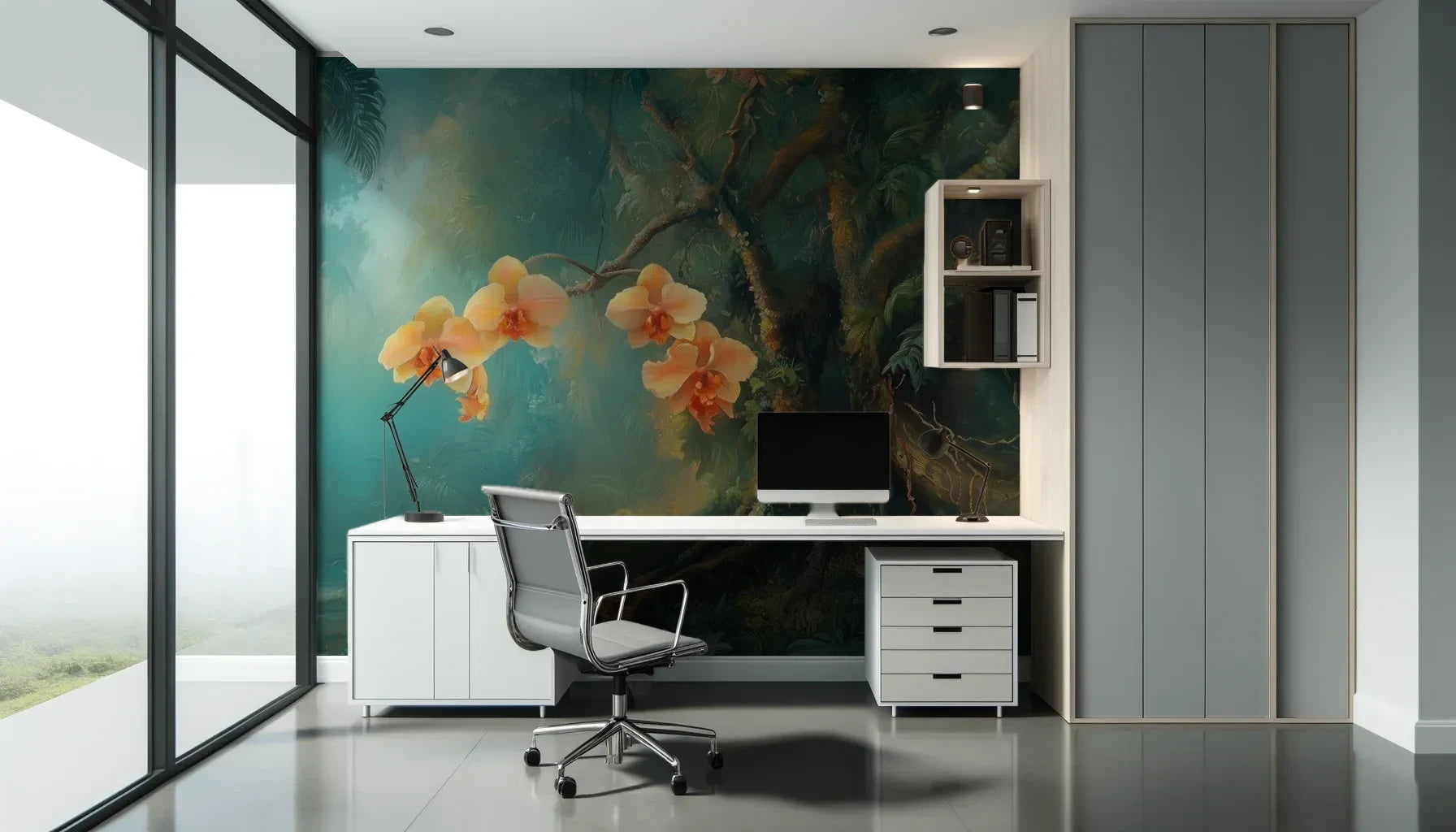 Fototapeta MYSTICAL ORCHIDS - tapeta z tropikalnymi kwiatami w turkusowej mgle pokazana w aranżacji biura.