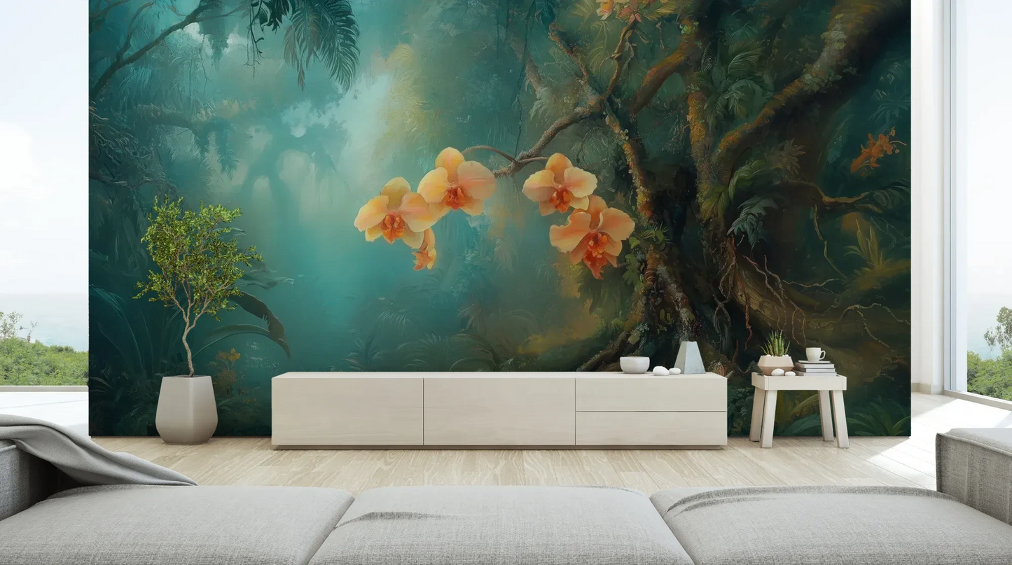 Wzór fototapety MYSTICAL ORCHIDS - tapeta z tropikalnymi kwiatami w turkusowej mgle pokazanej w aranżacji salonu.