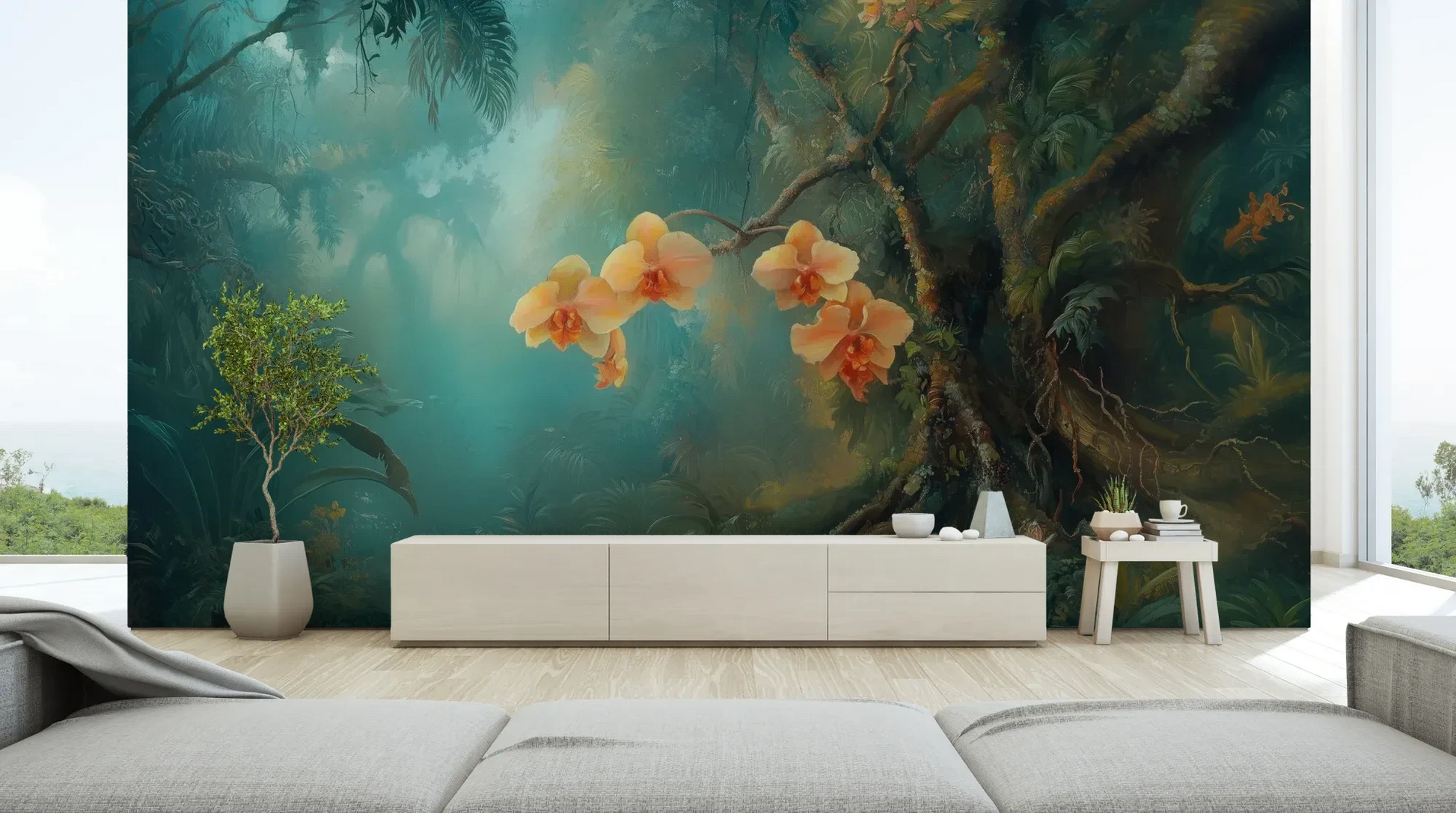Wzór fototapety MYSTICAL ORCHIDS - tapeta z tropikalnymi kwiatami w turkusowej mgle pokazanej w aranżacji salonu.