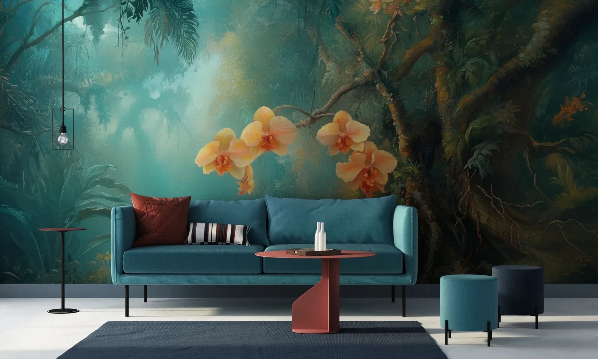 Wzór fototapety MYSTICAL ORCHIDS - tapeta z tropikalnymi kwiatami w turkusowej mgle pokazanej w aranżacji salonu.