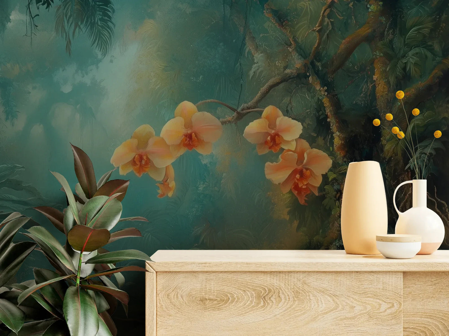 Fototapeta MYSTICAL ORCHIDS - tapeta z tropikalnymi kwiatami w turkusowej mgle pokazana w aranżacji wnętrza z akcentem na ścianie.