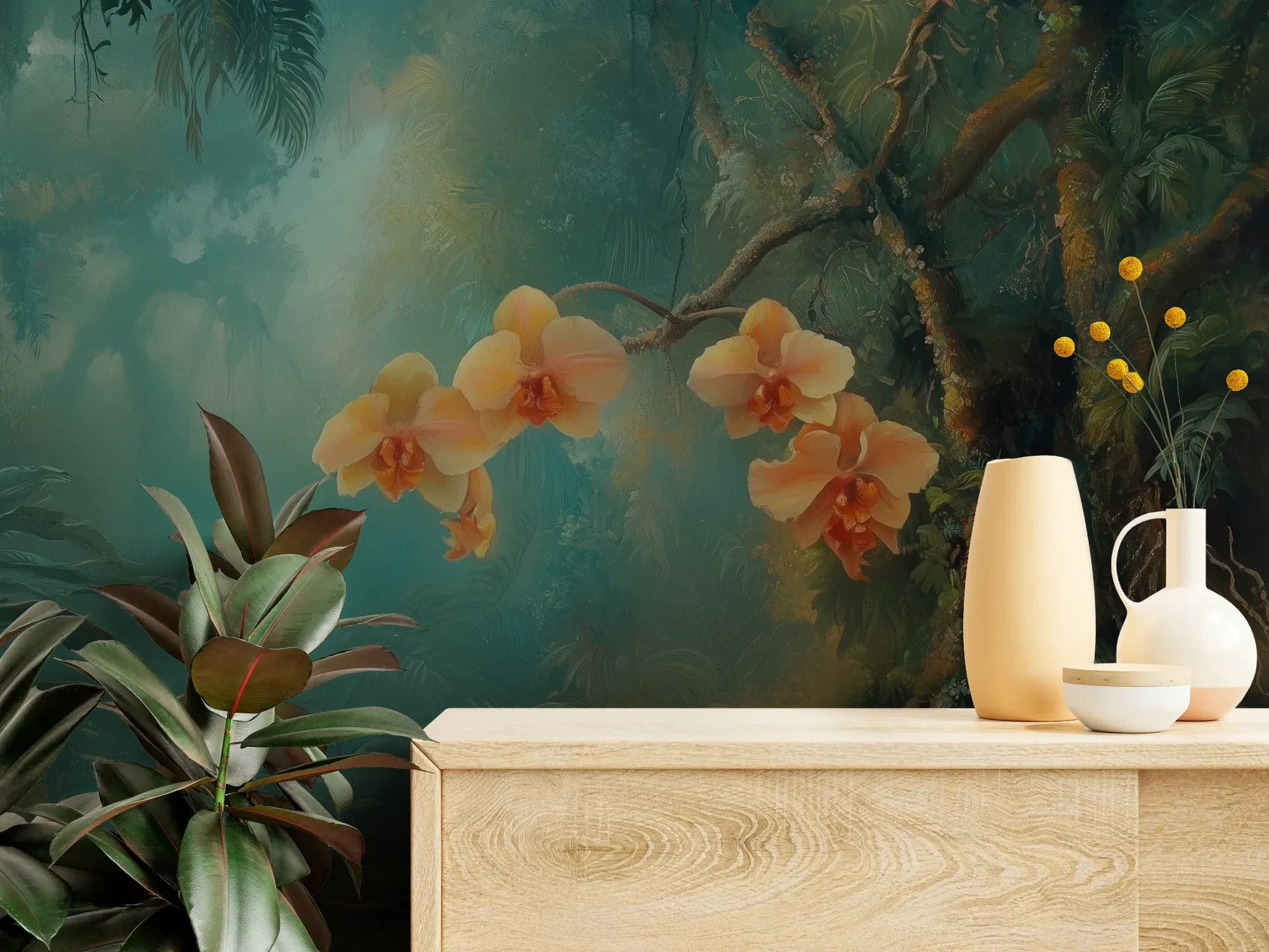 Fototapeta MYSTICAL ORCHIDS - tapeta z tropikalnymi kwiatami w turkusowej mgle pokazana w aranżacji wnętrza z akcentem na ścianie.