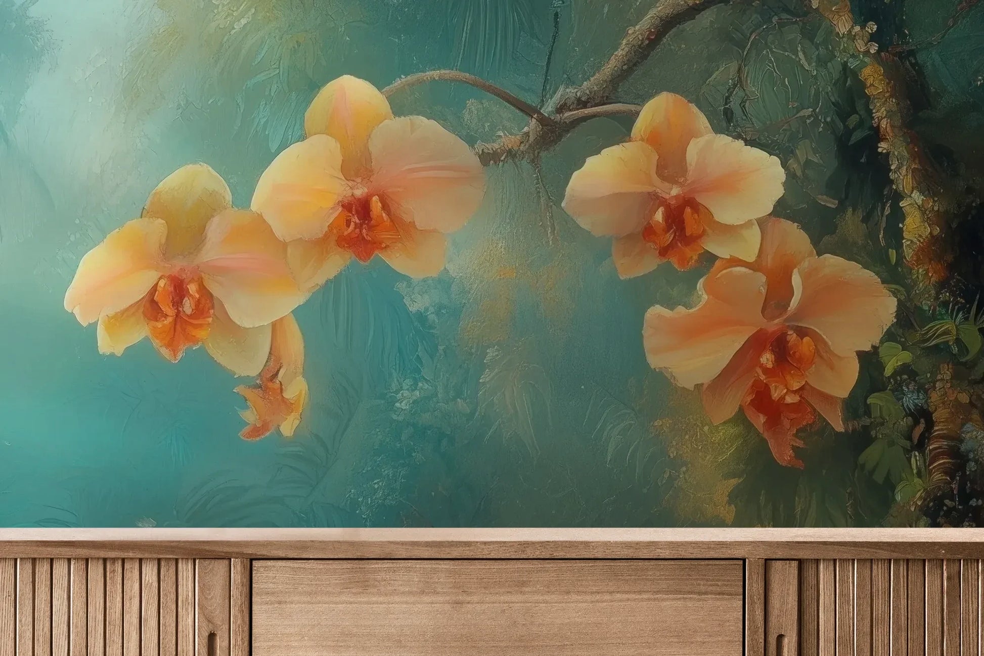 Fototapeta MYSTICAL ORCHIDS - tapeta z tropikalnymi kwiatami w turkusowej mgle pokazana w aranżacji wnętrza z akcentem na ścianie.