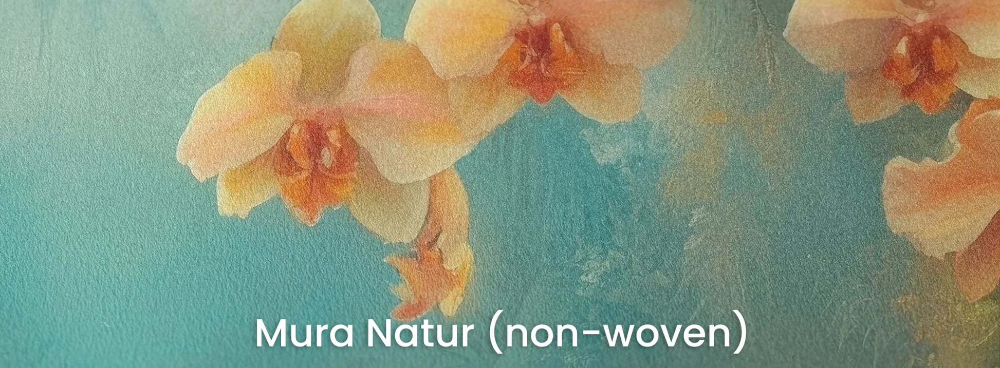 Zbliżenie na fototapetę MYSTICAL ORCHIDS - tapeta z tropikalnymi kwiatami w turkusowej mgle na naturalnym podłożu ekologicznym.