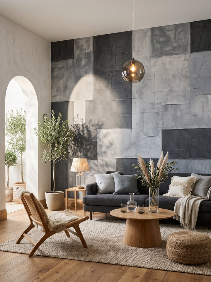 Fototapeta artystyczna o nazwie Shades of Monochrome w aranżacji wnętrza: salon w stylu wyrafinowanego boho z wyjściem na taras.