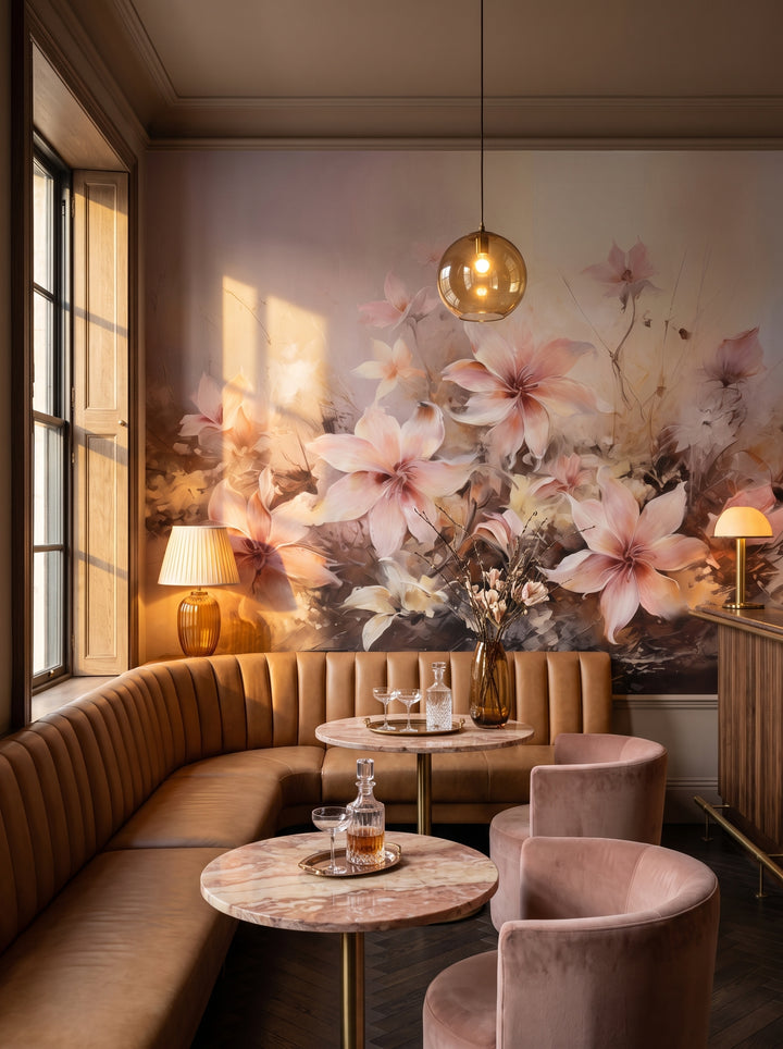 Fototapeta artystyczna o nazwie Dawn Serenity w aranżacji wnętrza: bar lounge w butikowym hotelu.