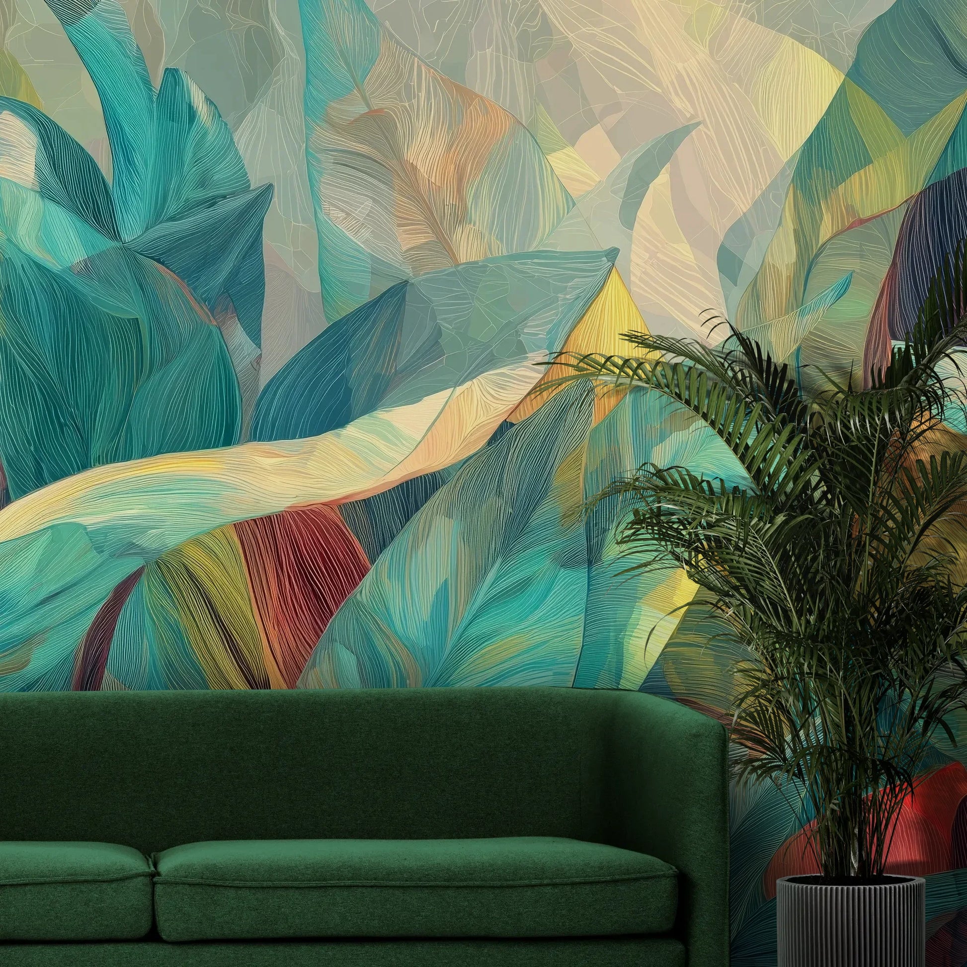 Fototapeta TURQUOISE POETRY - tapeta z tropikalną abstrakcją w turkusach pokazana w aranżacji wnętrza z akcentem na ścianie.