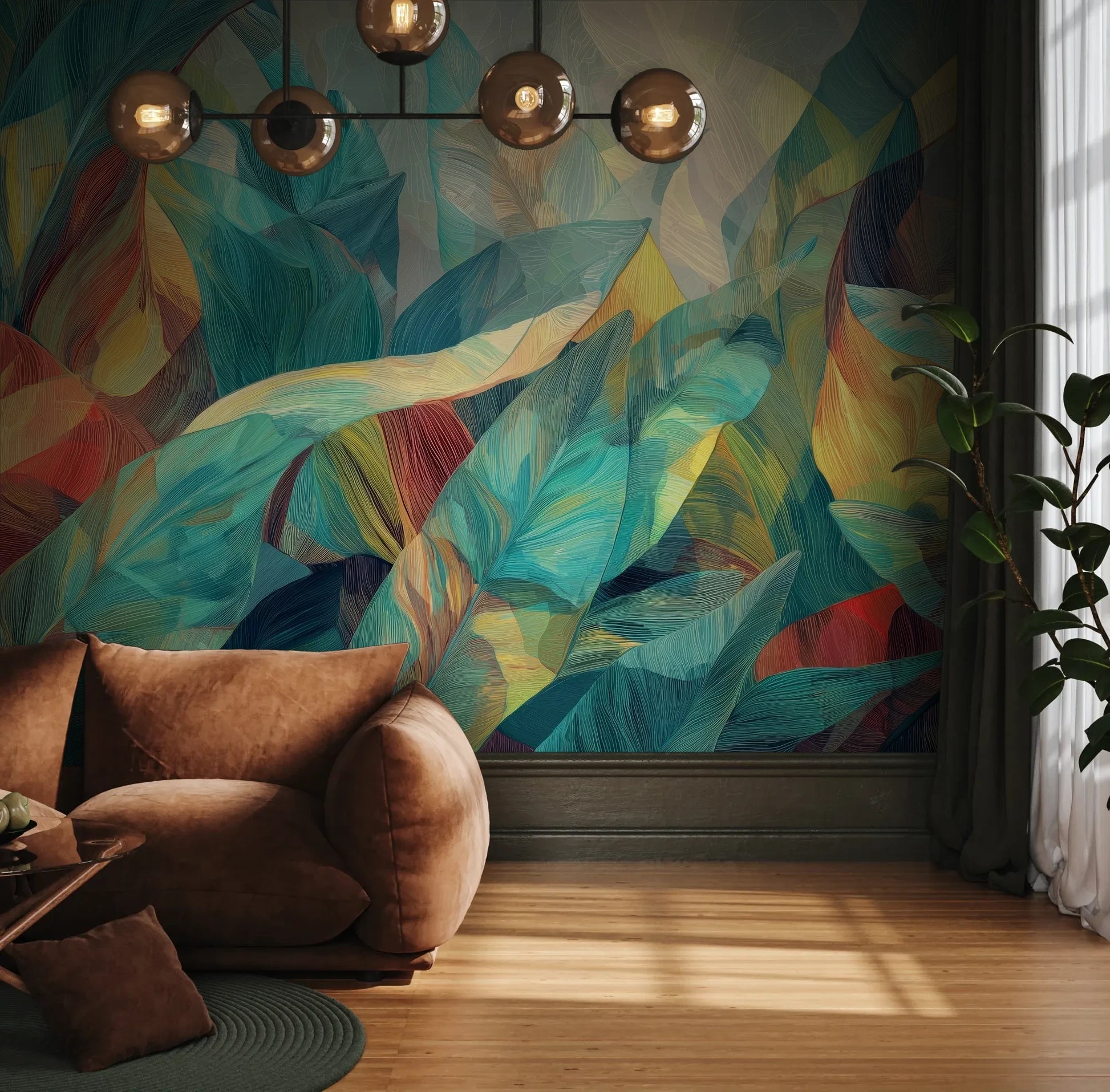 Fototapeta TURQUOISE POETRY - tapeta z tropikalną abstrakcją w turkusach pokazana w aranżacji wnętrza z akcentem na ścianie.