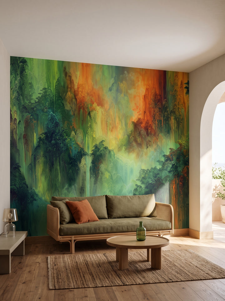 Fototapeta artystyczna o nazwie ETHEREAL AURORA w aranżacji wnętrza: salon w eleganckim stylu boho.