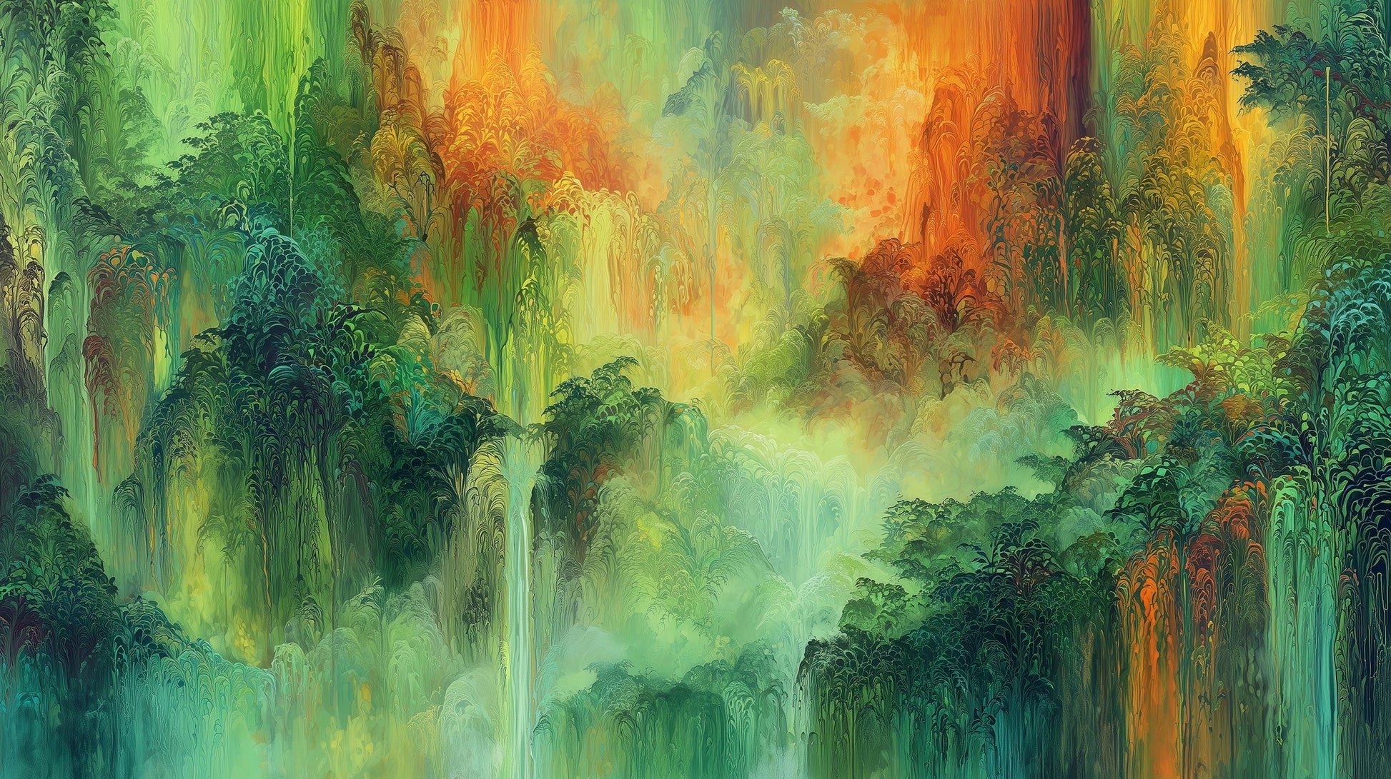 Prezentacja całego wzoru fototapety o nazwie ETHEREAL AURORA - tapeta z abstrakcyjnym lasem w zielonych i pomarańczowych barwach