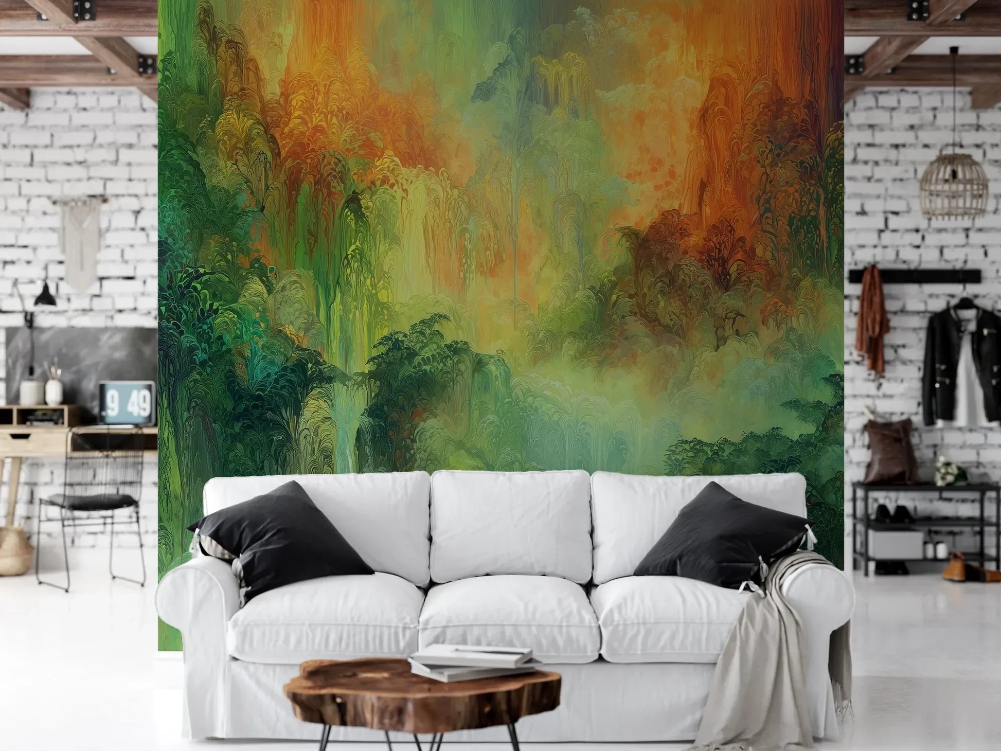 Wzór fototapety ETHEREAL AURORA - tapeta z abstrakcyjnym lasem w zielonych i pomarańczowych barwach pokazanej w aranżacji salonu.