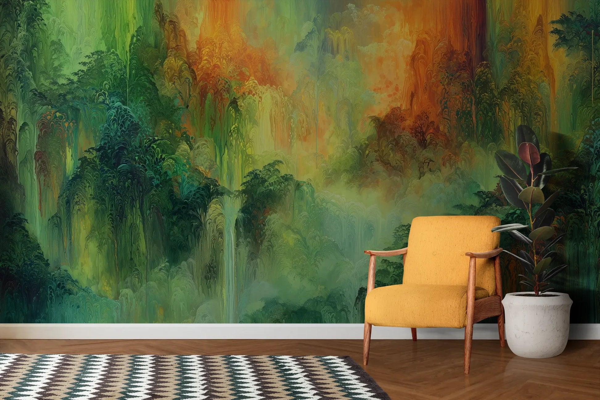 Wzór fototapety ETHEREAL AURORA - tapeta z abstrakcyjnym lasem w zielonych i pomarańczowych barwach pokazanej w aranżacji salonu.