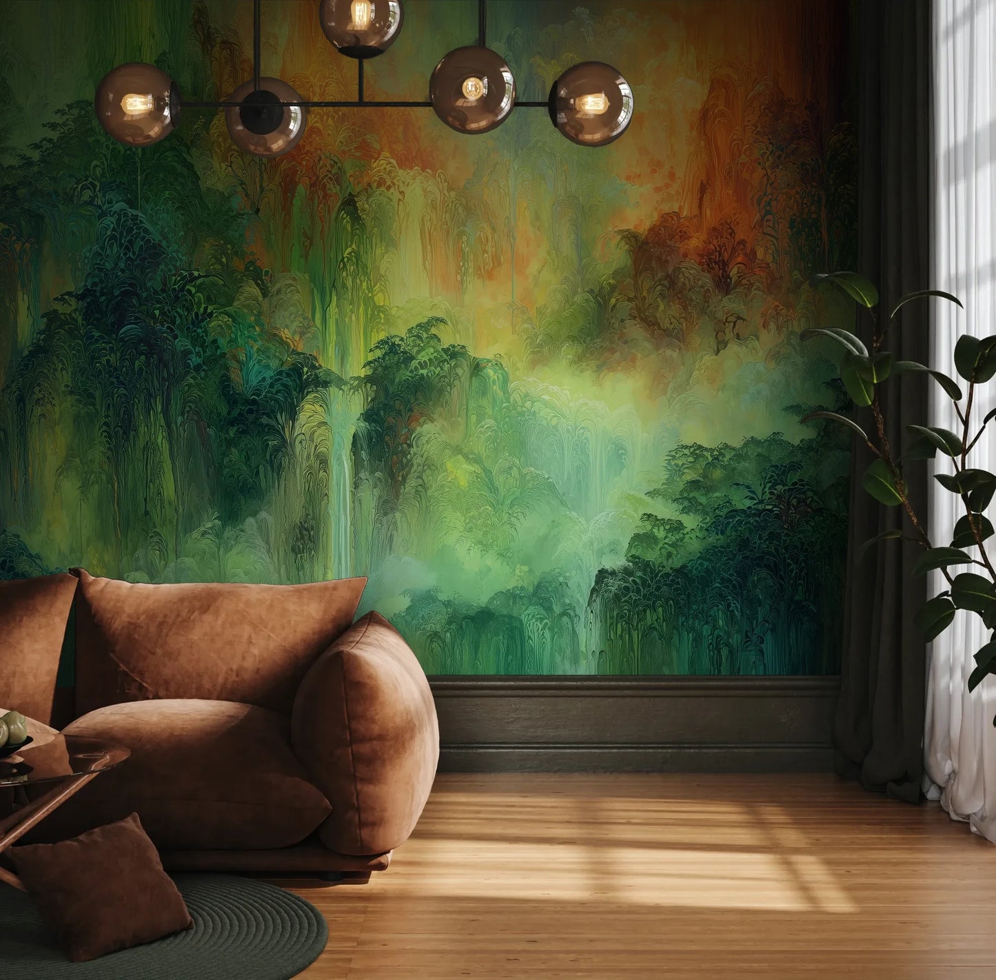 Fototapeta ETHEREAL AURORA - tapeta z abstrakcyjnym lasem w zielonych i pomarańczowych barwach pokazana w aranżacji wnętrza z akcentem na ścianie.