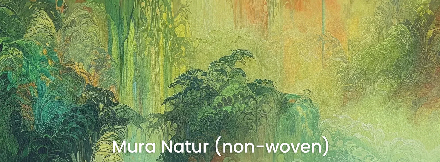 Zbliżenie na fototapetę ETHEREAL AURORA - tapeta z abstrakcyjnym lasem w zielonych i pomarańczowych barwach na naturalnym podłożu ekologicznym.
