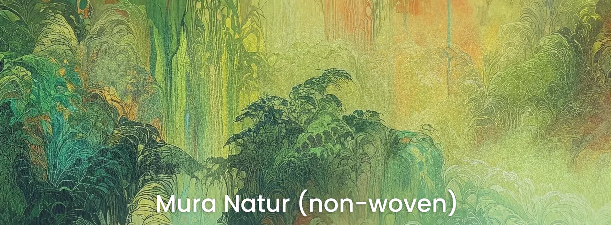 Zbliżenie na fototapetę ETHEREAL AURORA - tapeta z abstrakcyjnym lasem w zielonych i pomarańczowych barwach na naturalnym podłożu ekologicznym.